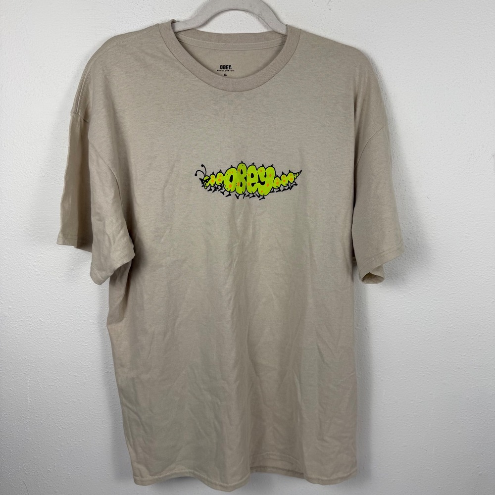 Obey Worldwide Mens XL‎ Tan Caterpillar Graffiti Logo Graphic T-Shirt Cotton